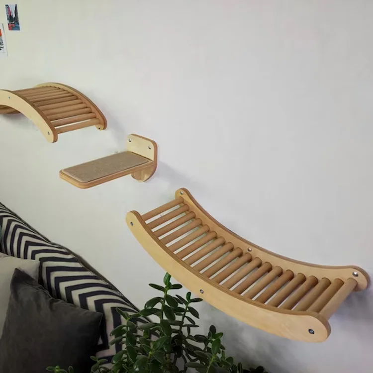 Wooden cat furniture pet toys wall mounted cat trees scratcher climbing ladder wood stairs