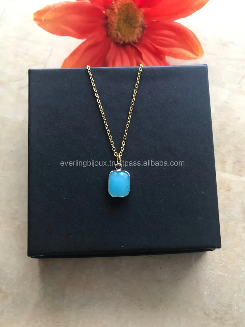 Antique Natural Swiss Blue Topaz Octagon Pendant Necklace December Birthstone Jewelry Gold Silver Plating Brass Jewelry Charms