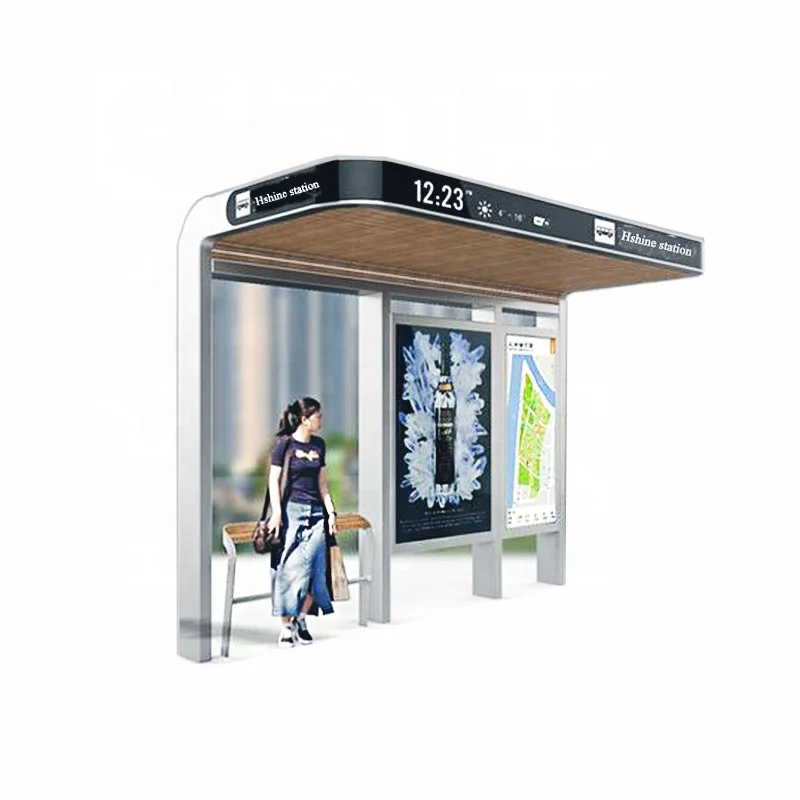 Modern bus stop shelter design outdoor solar powered bus stop LED advertising bus shelters with bench