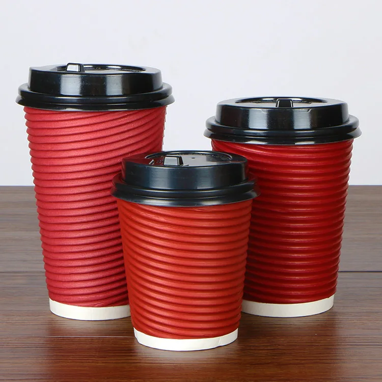 Food Grade Eco-friendly 8oz 12oz 16oz party Paper Cup Ripple Wall Disposable Red Black with Lids