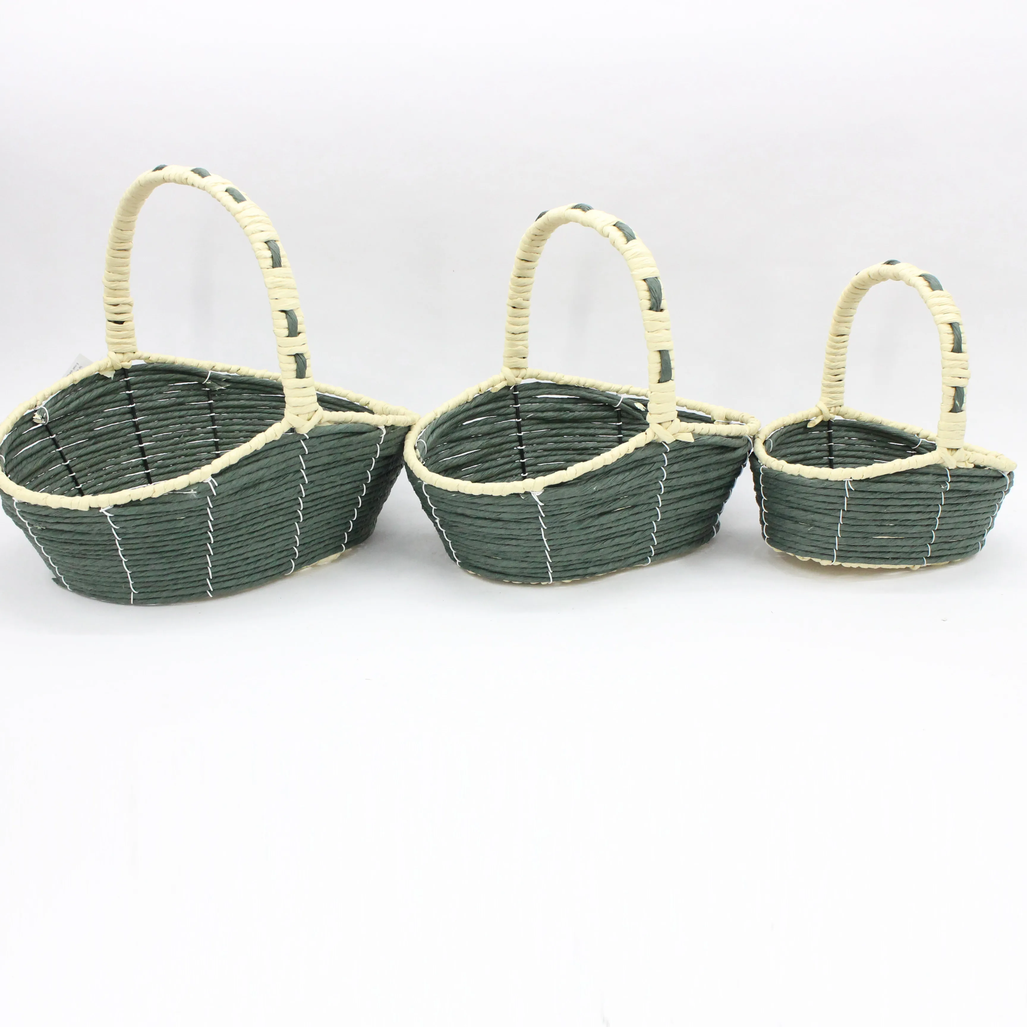 European style high handle dark green beige paper rope wood chips mixed high quality flower basket storage basket