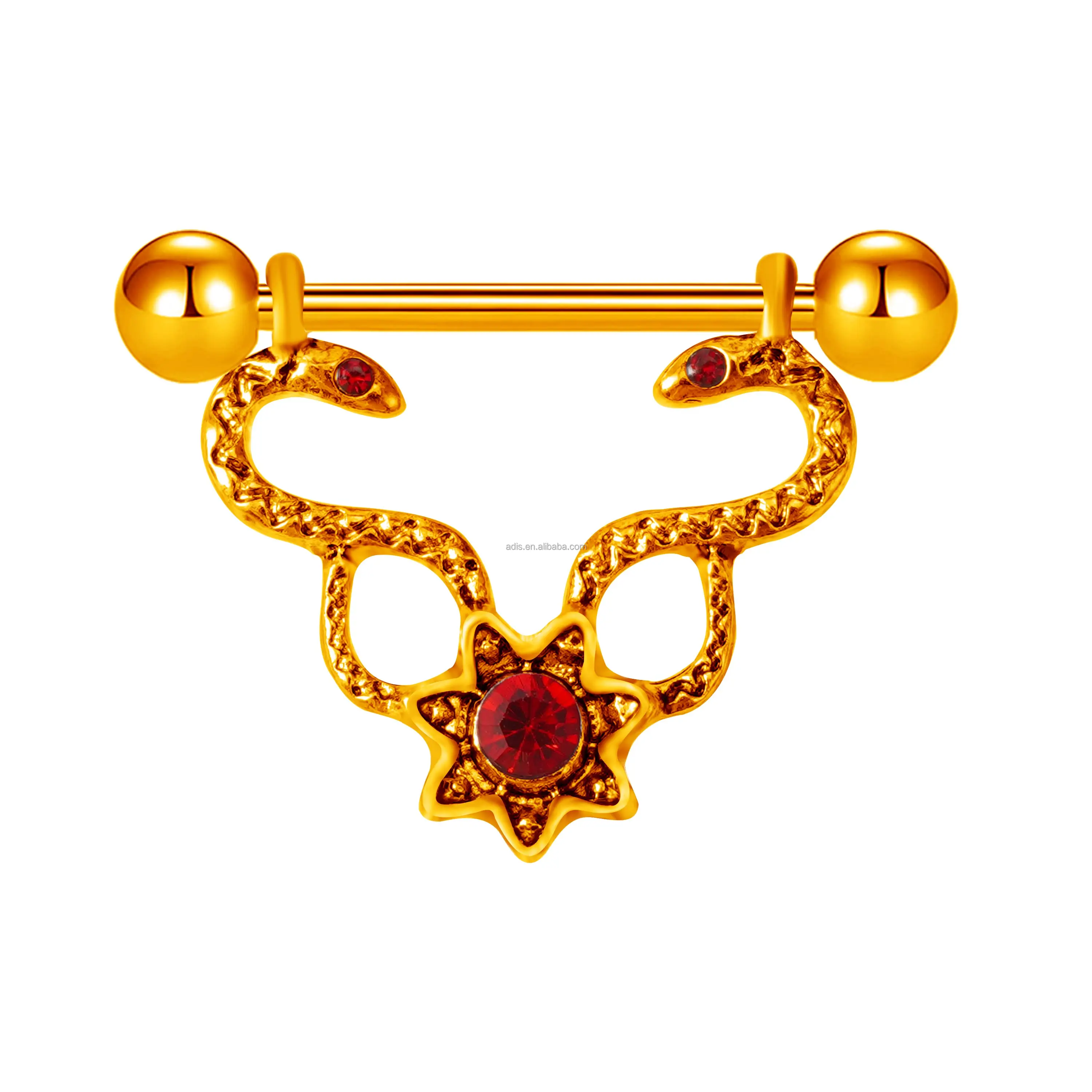 High Polished 14G Sexy Snake Design Nipple Barbell Red Eye Gem Nipple Piercing For Women Men