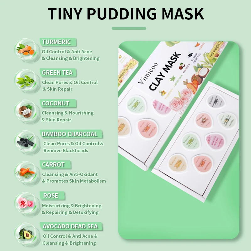 Private Label Organic Claymask Kit Turmeric Green Tea Pink Rose Avocado Carrot Face Mud Clay Mask Set Facial Mask