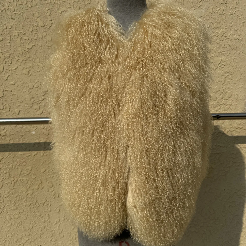 Custom Wholesale New Fashion Design Winter Vest  Real Mongolian Lamb Fur vest short vest with real fur for ladies