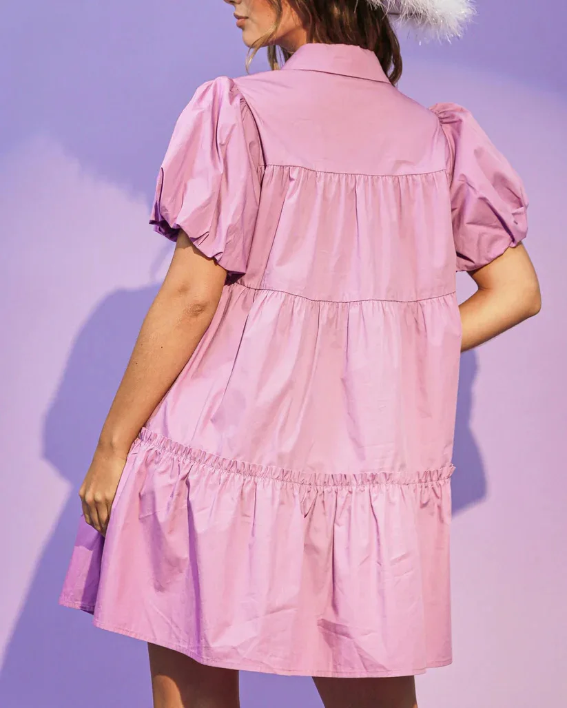 wholesale Summer mardi gras apparel Puff Sleeve Button Down Shirt Tunic Tops Babydoll Sequin Patches Mini Dress For Women 2024