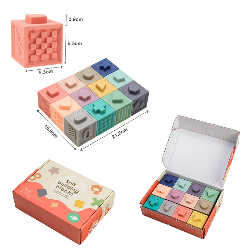 Hot PVC Soft Rubber Squeeze Cube Teether Toy Baby Teething Bite Play Stacking 3d Embossed Number Building Blocks