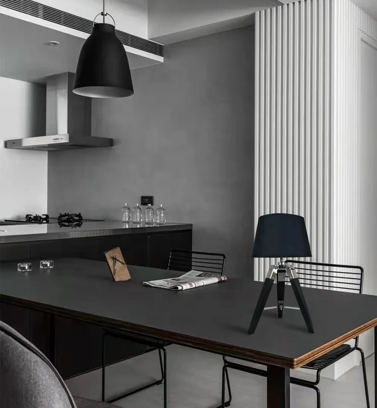 Decorative Bedside Table Lamp with Wood Tripod Base in Black