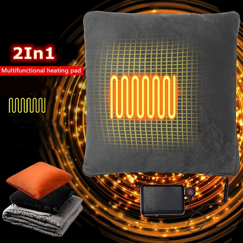 2 In 1 Battery Operated Blanket Pillow Car Camping Portable USB Heated Blanket