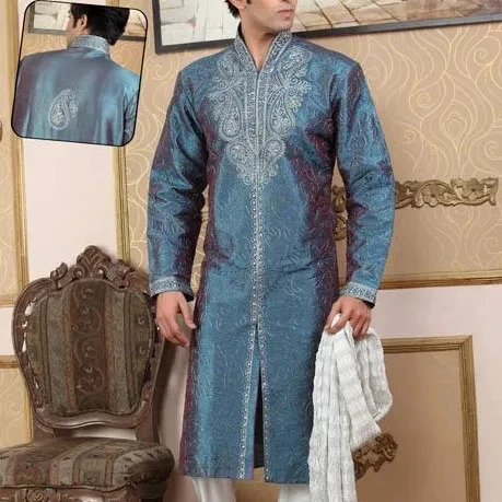 
Hand Embroidered Dupion Silk Kurta Set in Beige 