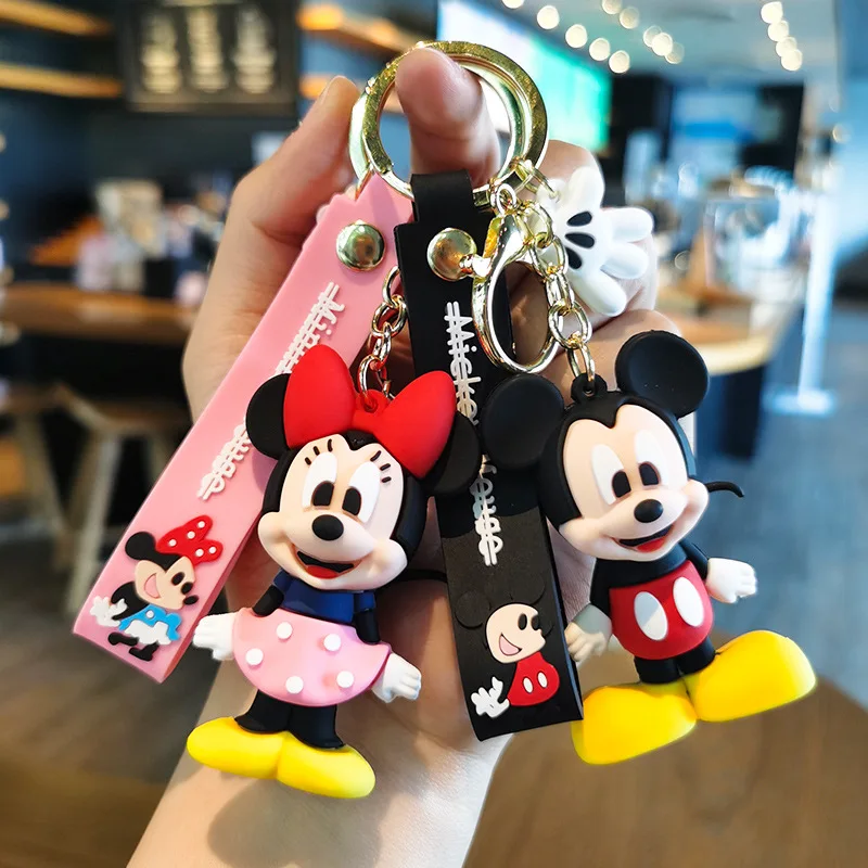 Soft Rubber Key Chain 3D Doll Pendant Lovely Cartoon Mickey Minnie Keychain Custom Logo with Wrist Strap Anti-Lost Accessories