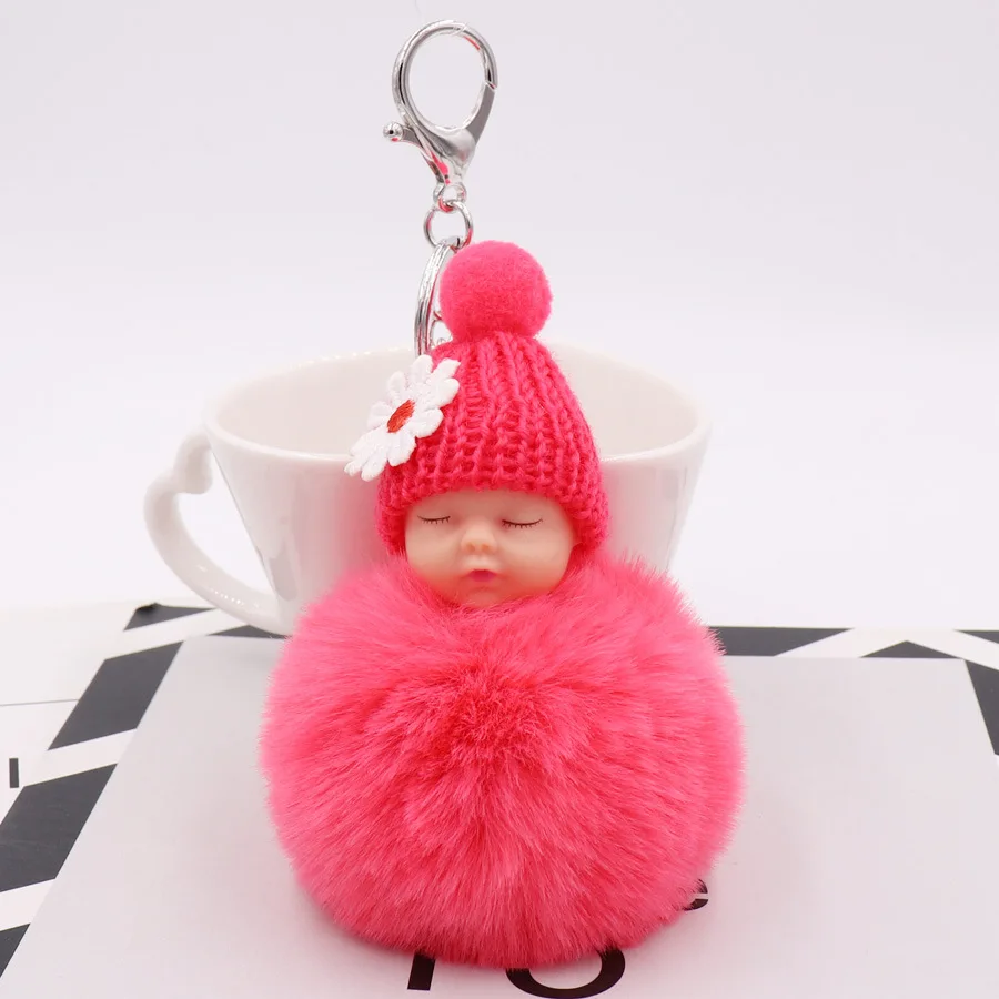 Cute 8CM Sleeping Baby Doll Keychain Pompom Rabbit Fur Ball Key Chain Fluffy Car Keyring Bag Charm Gift Plush Fur Keychain