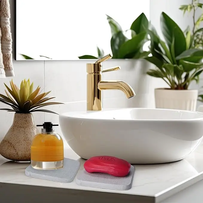 CF DCC07 Set of 6 Pcs Diatomaceous Earth Coasters Absorbent Square Diatomite with Tabletop Holder Mat/Pad for Countertop Decor