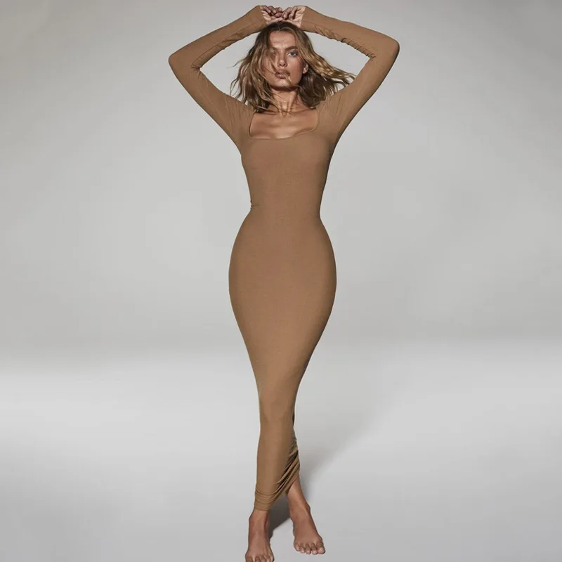 Wholesale Simple Solid Square Neck Long Sleeve Elegant Bodycon Evening Maxi Dress Ladies