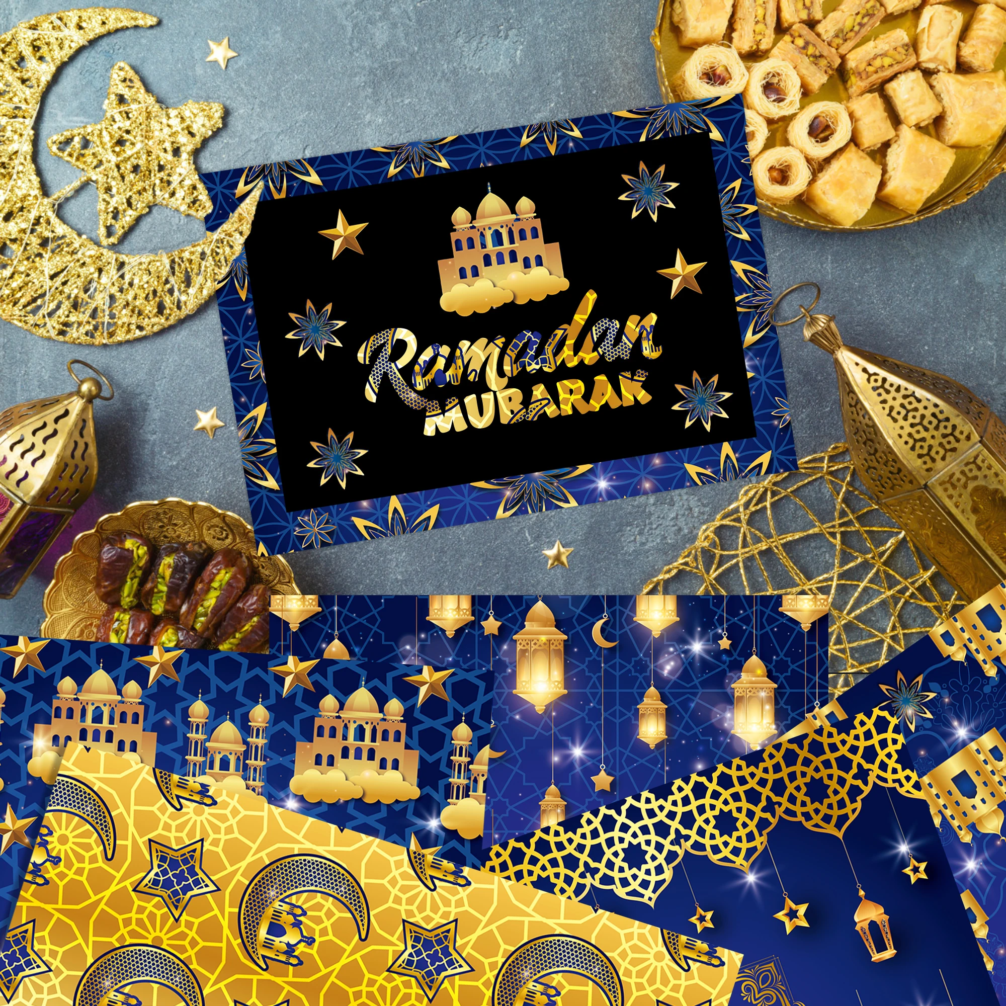 WW060 Ramadan Scrapbook Paper Moon Lantern Pattern Background Paper DIY Decorative Craft Paper For Ramadan Party Supplies