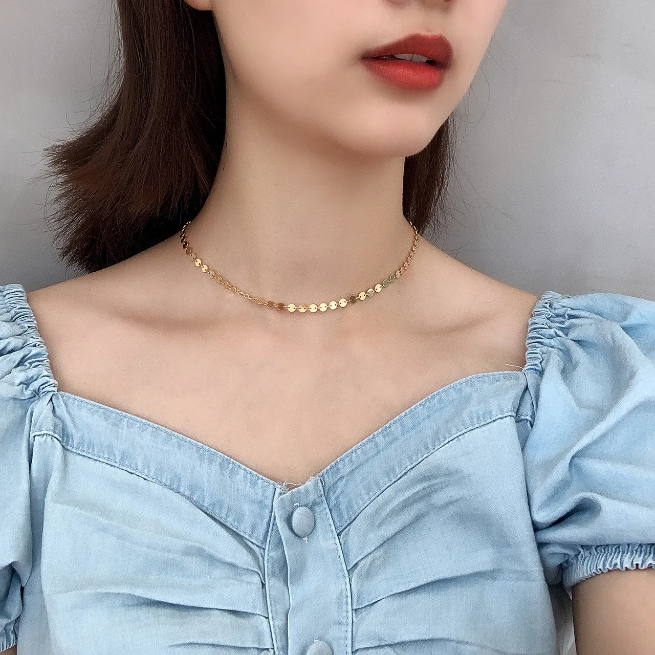 VIANRLA 925 sterling silver gold plated round disc choker necklace gold coin necklace