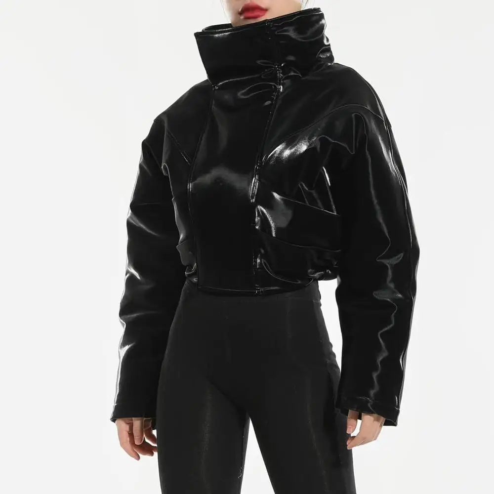 
Winter Zip Jacket Stand Collar Solid Korean Style Short Black Bomber Motorcycle Faux Leather Jacket Women 