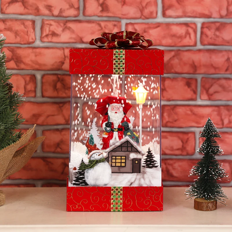 
New Design Christmas Party Decoration hamper Xmas gift box light with Falling Snow and Musical function 