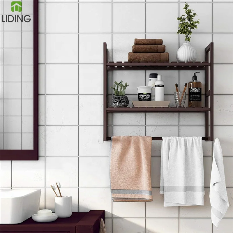 Bamboo Bathroom Shelves 3 Tier Adjustable Layer Rack Wall Mounted Utility Storage Shelf Rack with 2 Hooks