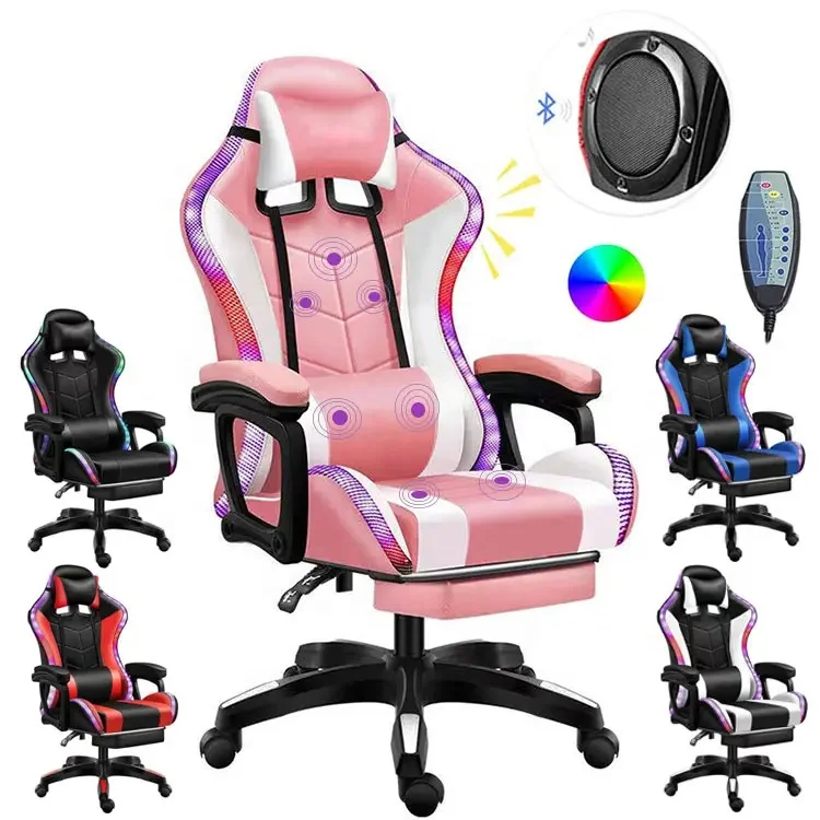 New Arrival Silla Gamer De Jugador Uruguay Pink Pu Leather Led Rgb Lights Massage Speaker Racing Swivel  Reclining Gaming Chair