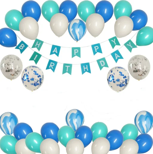 Blue green Marble latex balloon garland arch kit and Happy Birthday Paper Banner for Under the sea birthday party decor supplies