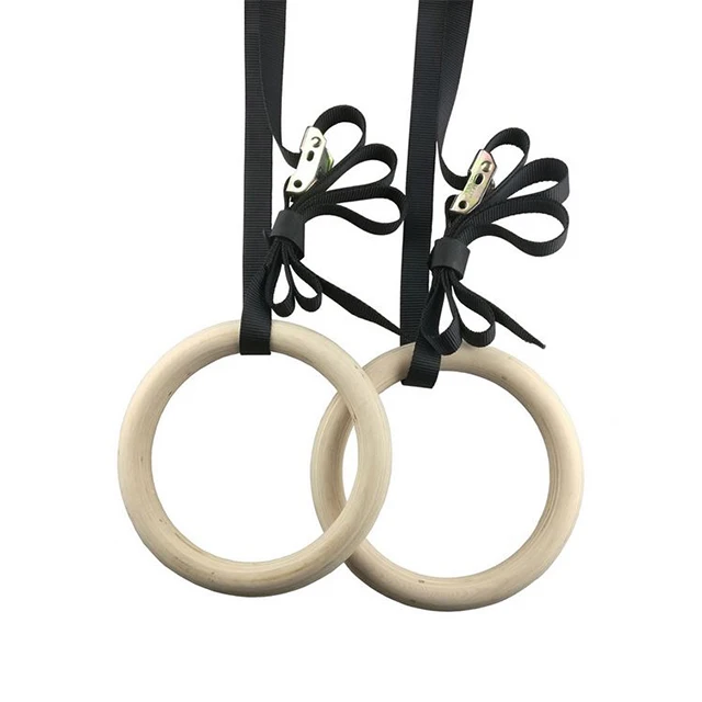 High Quality Fitness Suspension Trainer 28/32 mm Gymnastic Ring Wooden Gym Ring With Buckles Straps