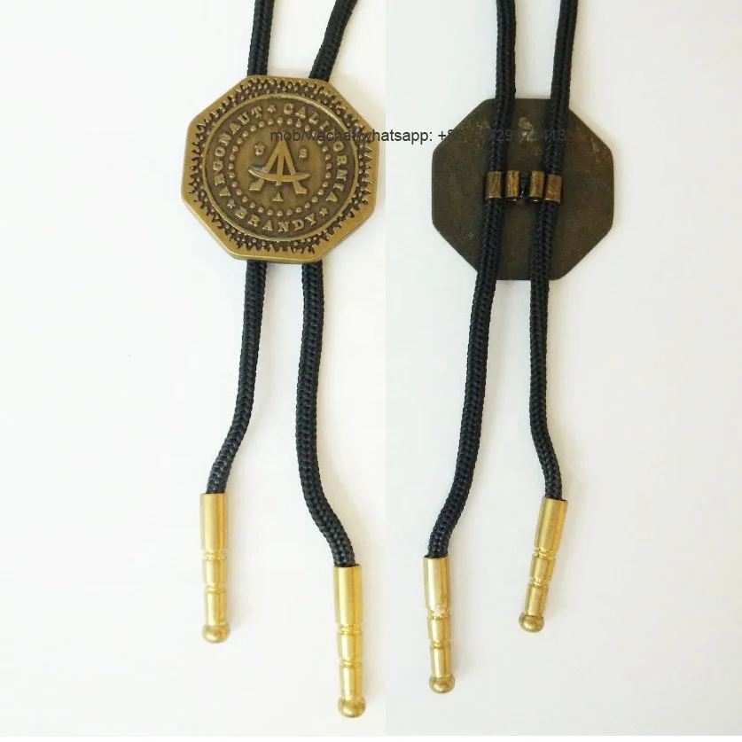 decorative fashion custom made metallic metal Octagonal shaped logo antique gold plated western cowboy bolo tie necklace