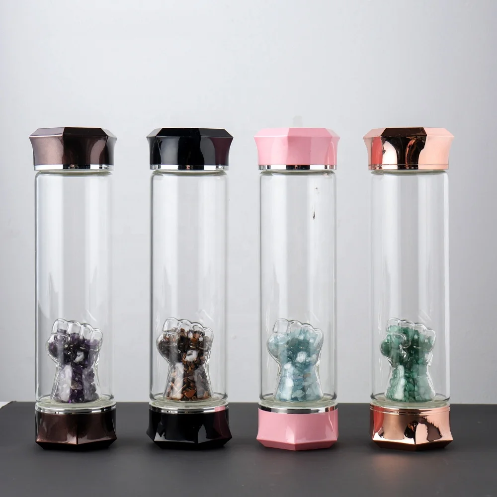 Energy Rose Quartz Crystal Infused Glass Water Bottle with Dreamy Amethyst Healing Wand and protective sleeve bag 550ml 18oz