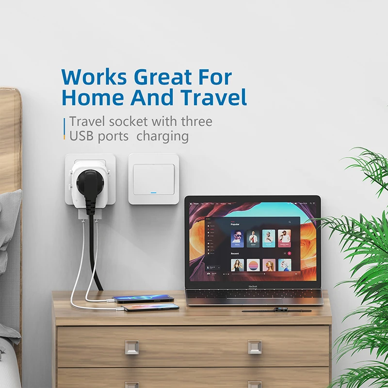 Earth pin EU to World travel adapter with PD and QC 20watts charging ports, type C E F shuko covverter adaptor