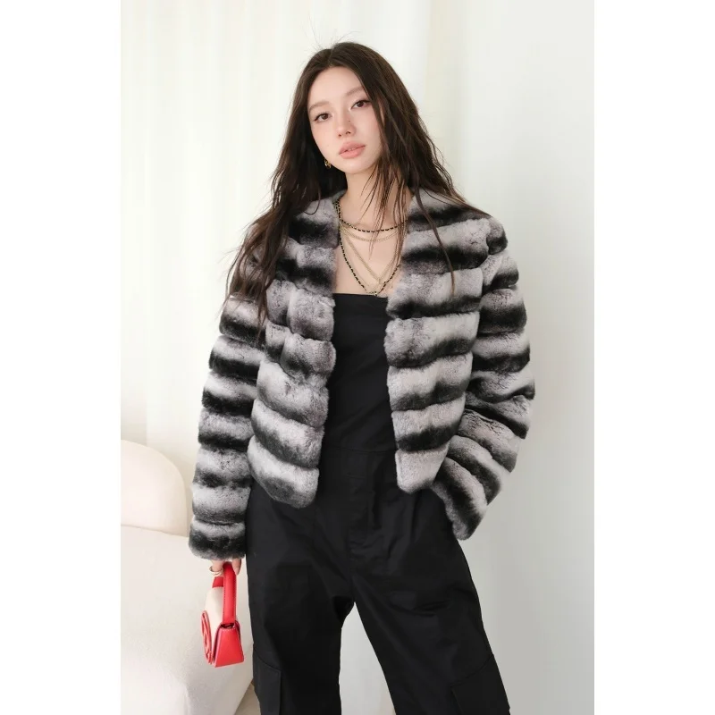 Hot Selling Short Chinchilla Fur Jacket Women Real Rex Rabbit Fur Coat Winter warm Overcoat