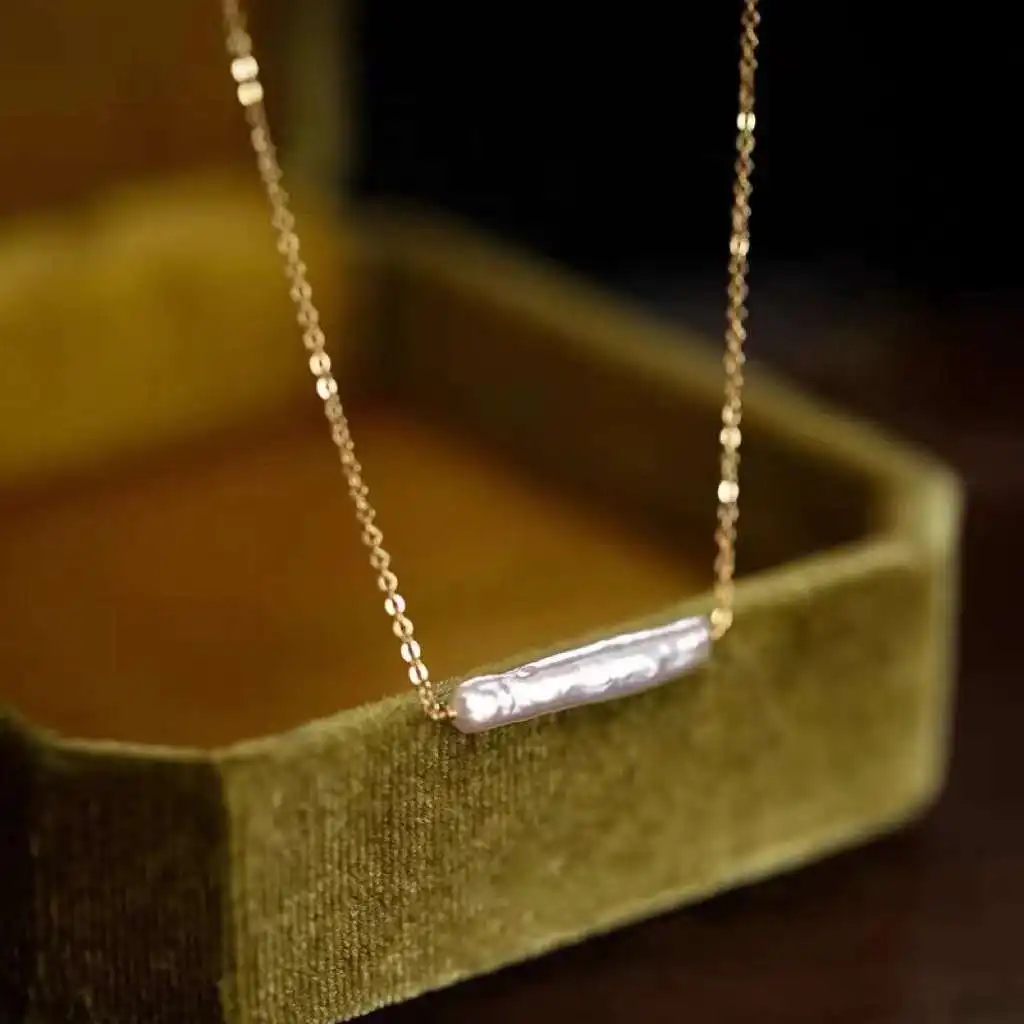 Square silver bar natural Baroque pearl necklace, high-end and simple freshwater pearl necklace jewelry