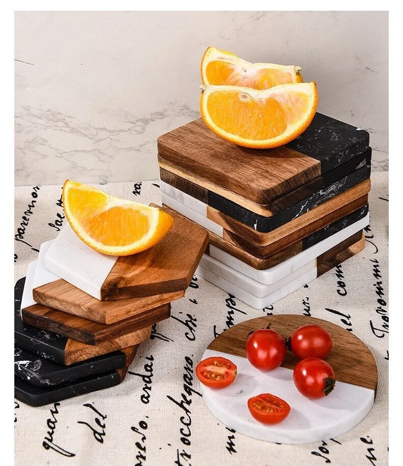 Custom size marble board coaster round and square wooden coasters for drinks cup marble and acacia wood coaster