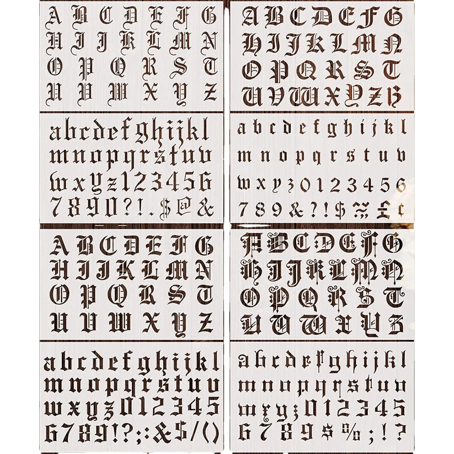 8 Pieces Old English Lettering Stencils Calligraphy Letter Stencils Gothic Font Stencil Templates Alphabet Number Templates