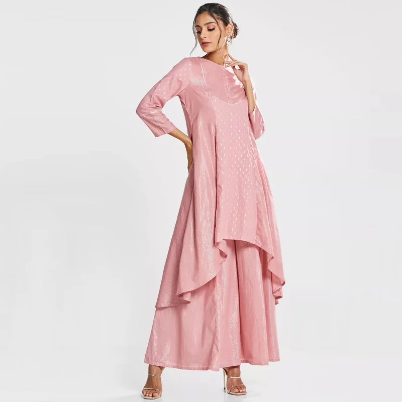 New fashion women s plus size casual elegant button Round loose high low tunic muslim  palazzo  trouser two piece suit