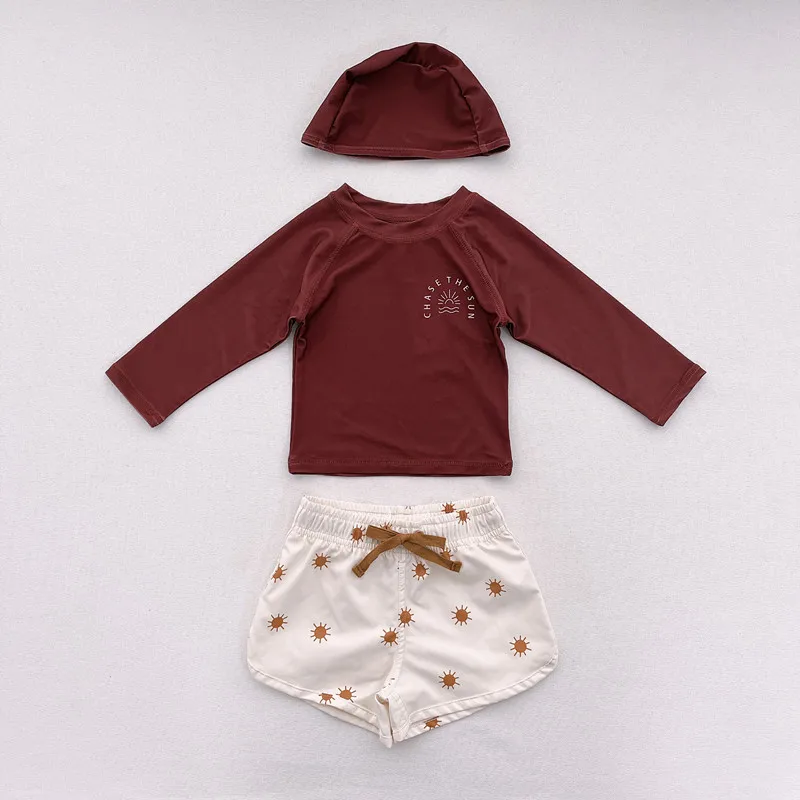 Summer Toddler Boy Swimwear Long Sleeve Shirt Set Baby Beachwear Print Bathing Suit Kids Swimsuit