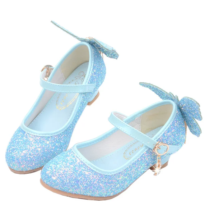 Classic Butterfly Sequins Pu Leather Shoes For Girls High Heels Party Dance Kids Shoes Princess Children Wedding Shoes