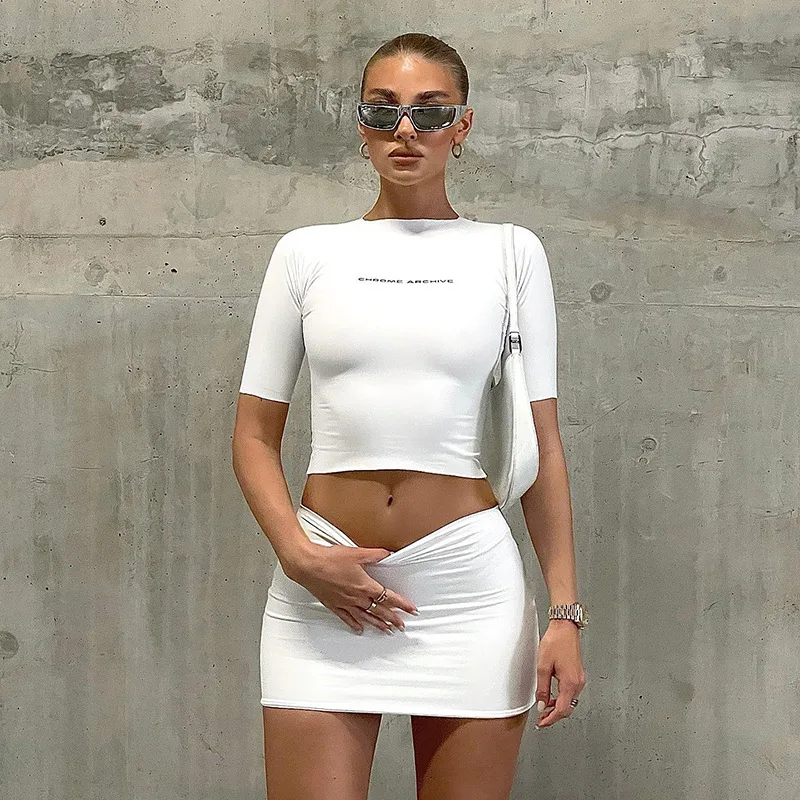 Wholesale High Quality 2023 New Summer Sexy Club Dress Two Piece Set Round Neck Short Sleeve Top Tight Casual Skirt Suits