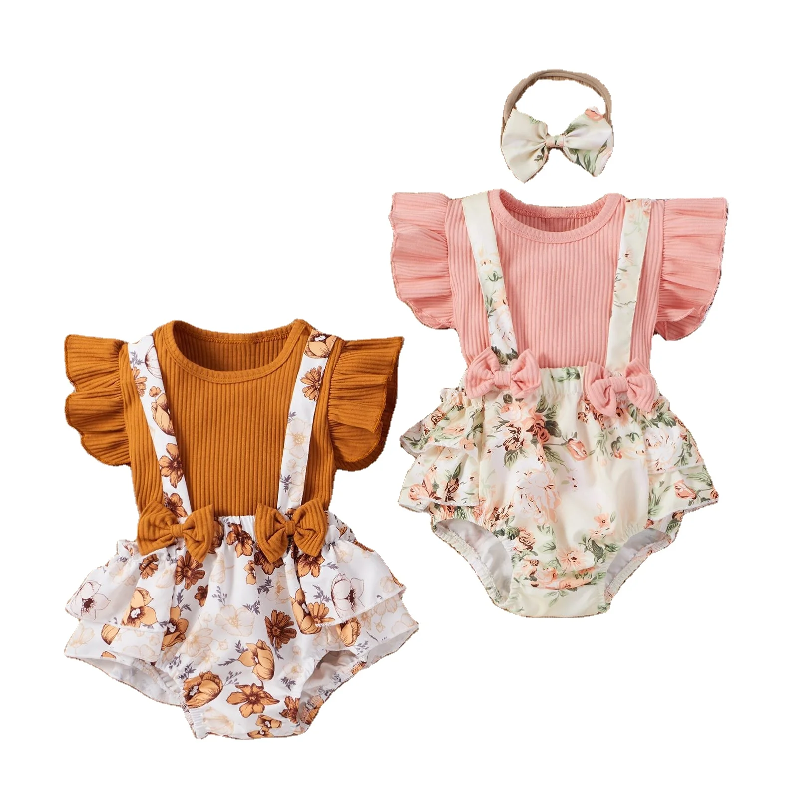 Newborn Baby Girl Clothes Infant Romper Floral Suspender Dress Ruffle Sleeve Onesie Outfit Jumpsuit Headband Spring Summer