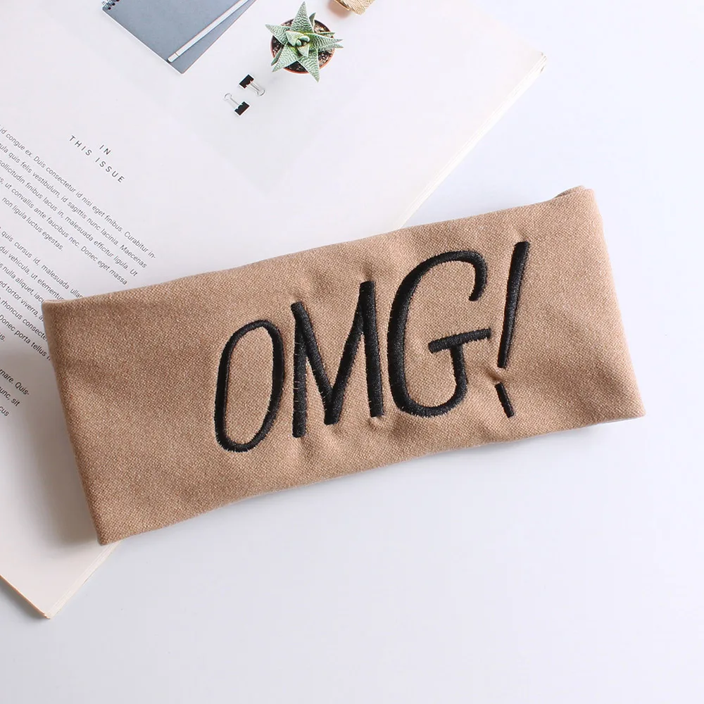 SAIJE OMG Embroidery Thick Headband Winter Keep Warm Fabric Hair Band Make Up Sport Yoga Hairband For Women