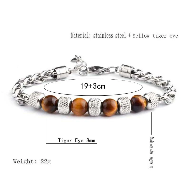 Luxury Punk Hiphop Style Silver Plated 316L Stainless Steel Chain Mens Charm Blue Yellow Green Tiger Eye Natural Stone Bracelet