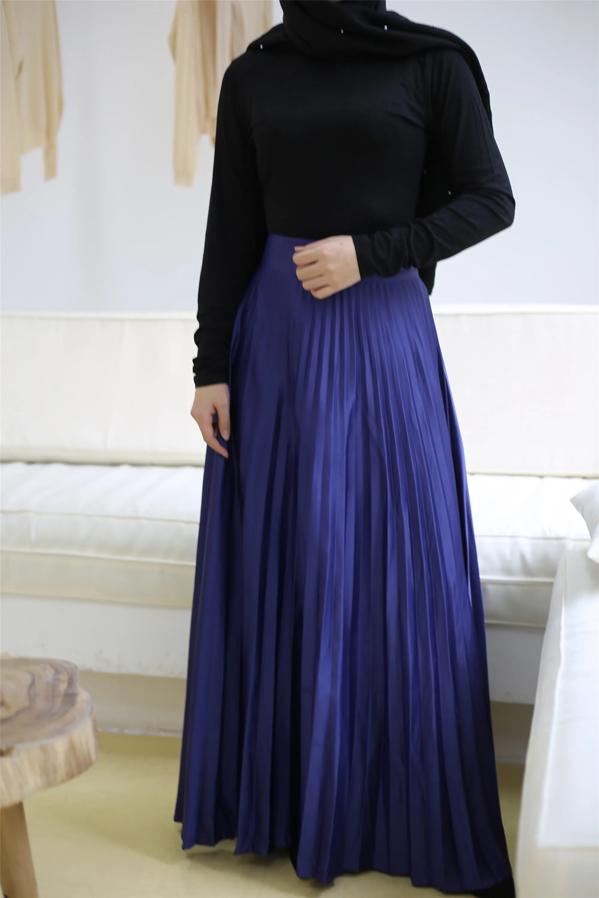 1912#Fancy Women Big Hem Solid Color Long Pleated Plus Size Maxi Skirt