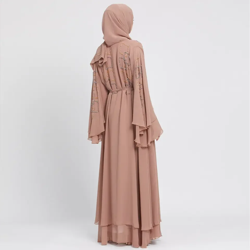 Customized Color Fashion Luxury  Chiffon  Layered with beads  Open Abaya Women Muslim Dress abaya