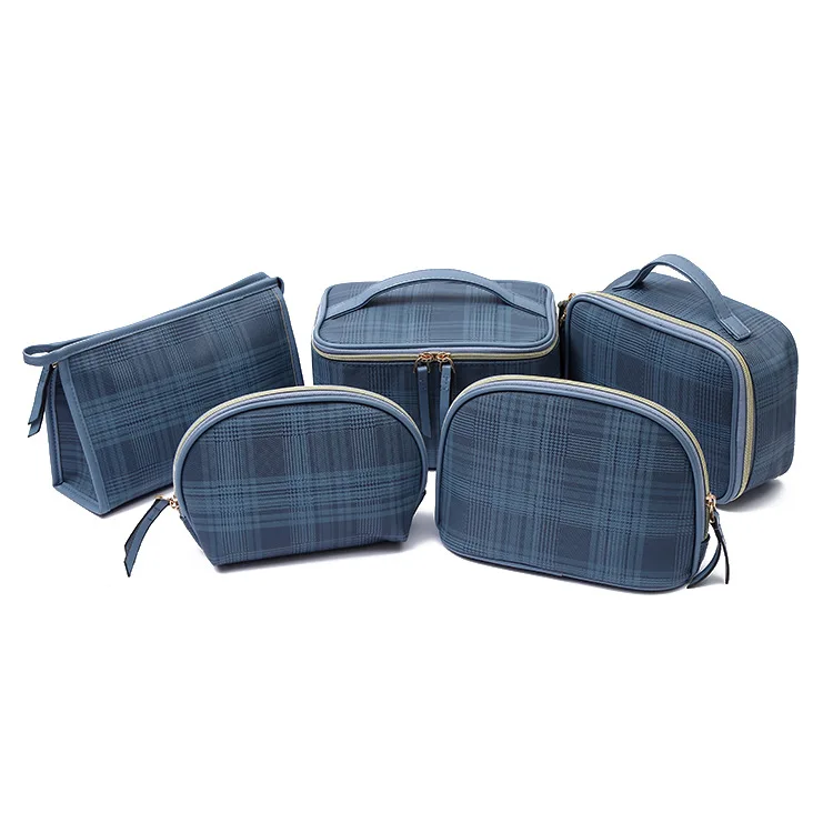 Preppy style plaid grid blue make up cosmetic bags eco friendly polyester makeup bag set