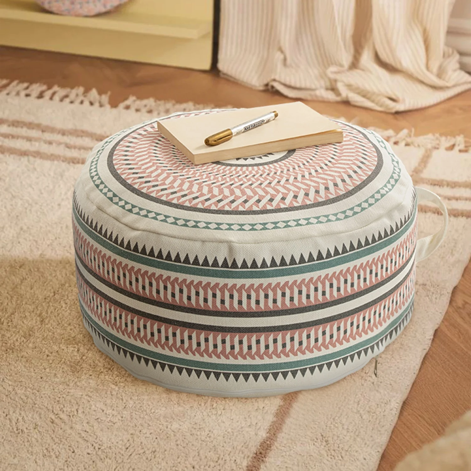 RichesBase OEM Original Design Spring Summer Printed Pouf Cover Geometric Floor Cushion with Handle Home Decor Ottoman