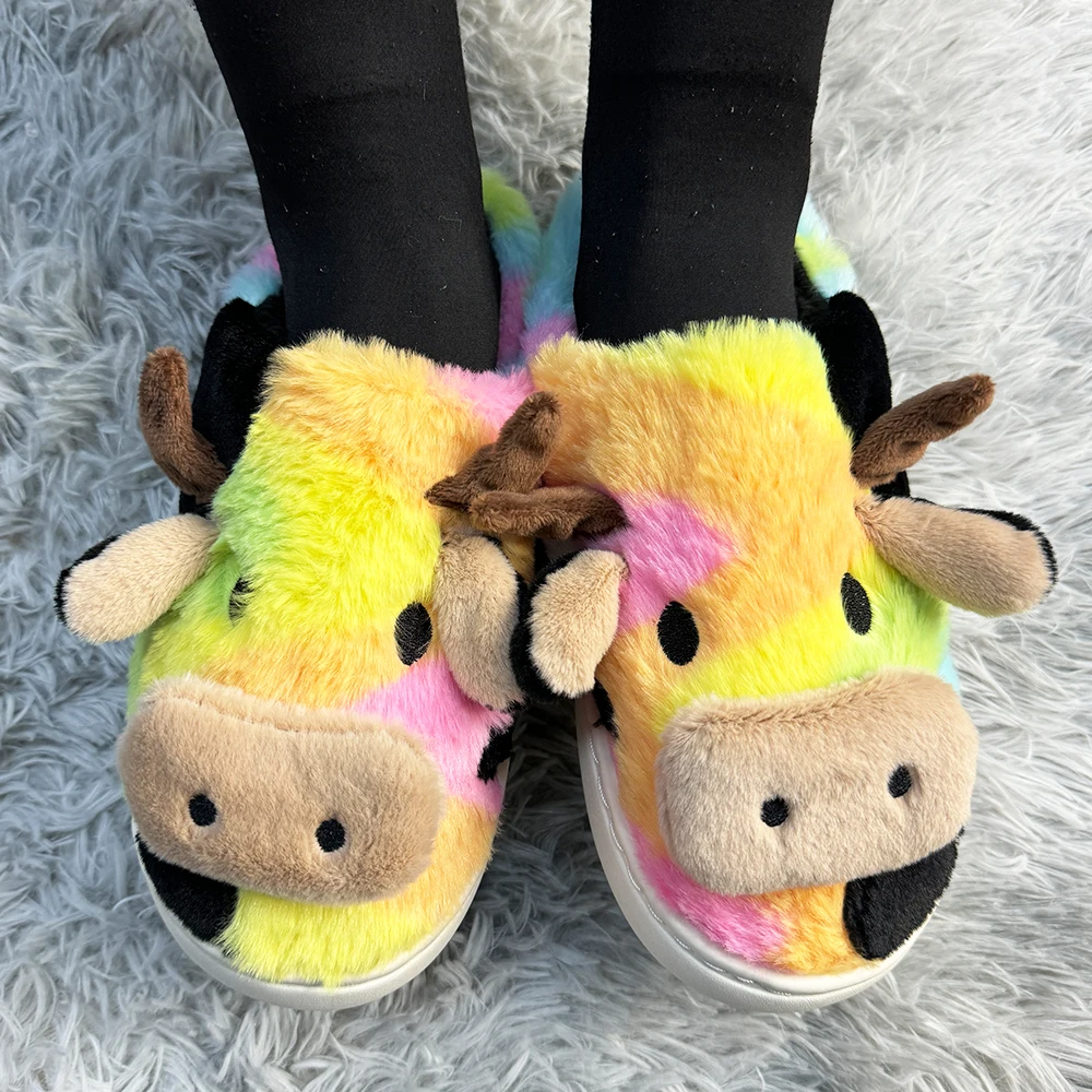 wholesale new plush cotton cow slippers for women winter warm animal slippers