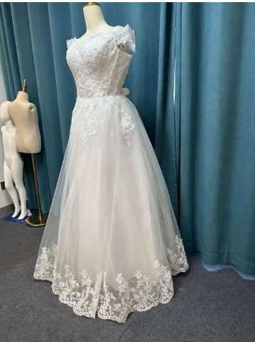 Simple White Lace Wedding Dress One line Shoulder Bridal Dress Temperament Mid-waist Lace-up Wedding Dress