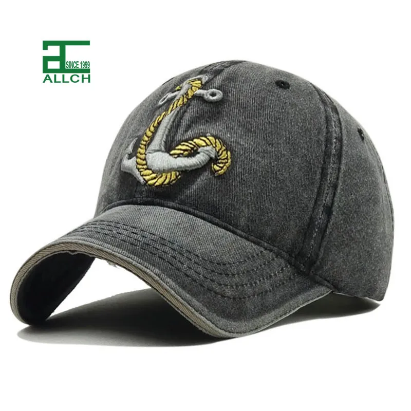 Allch Wholesale Customizable Unisex Peaked Cap Washed Anchor Embroidered Denim Business Sporty Street Trucker Baseball Cap hat