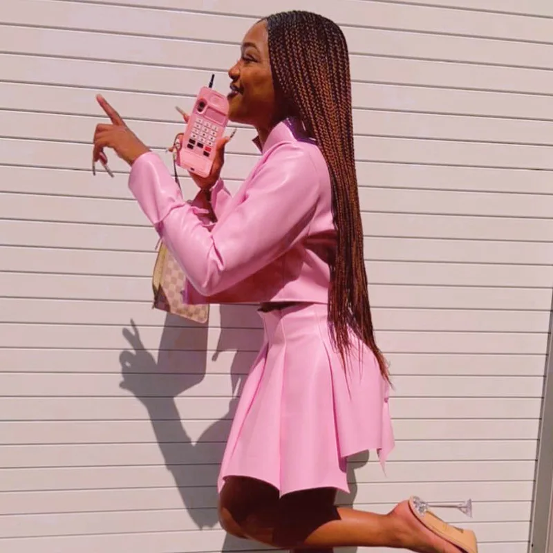 Trendy Women Winter Outfit Party Wear Pleated Skirt And Crop Top Jacket Set Two Pieces Solid Color Leather Sexy Skirt Set