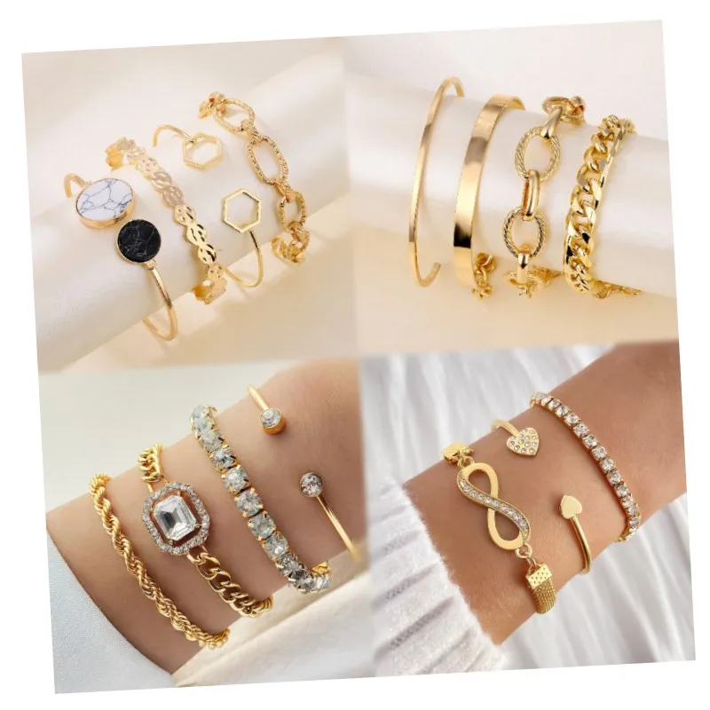 Customize Punk Gold plated Bracelets Set Crystal Heart lucky Number 8 Charm Bracelet Bangle Fashion Jewelry