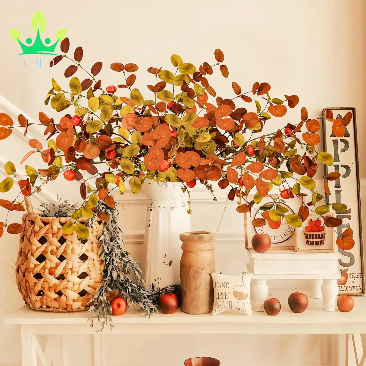 Artificial Fall Eucalyptus Stems Leaves Branches with Orange Pumpkins Long Stems for Home Autumn Flora Thanksgiving Decoration