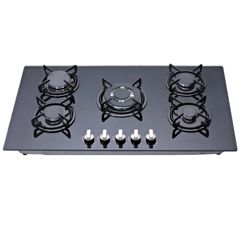 Hot Sale 5 burners Built-in Tempered Glass Gas Hob with Safety Device  Blue Flame Electric and Gas Cooker with Oven